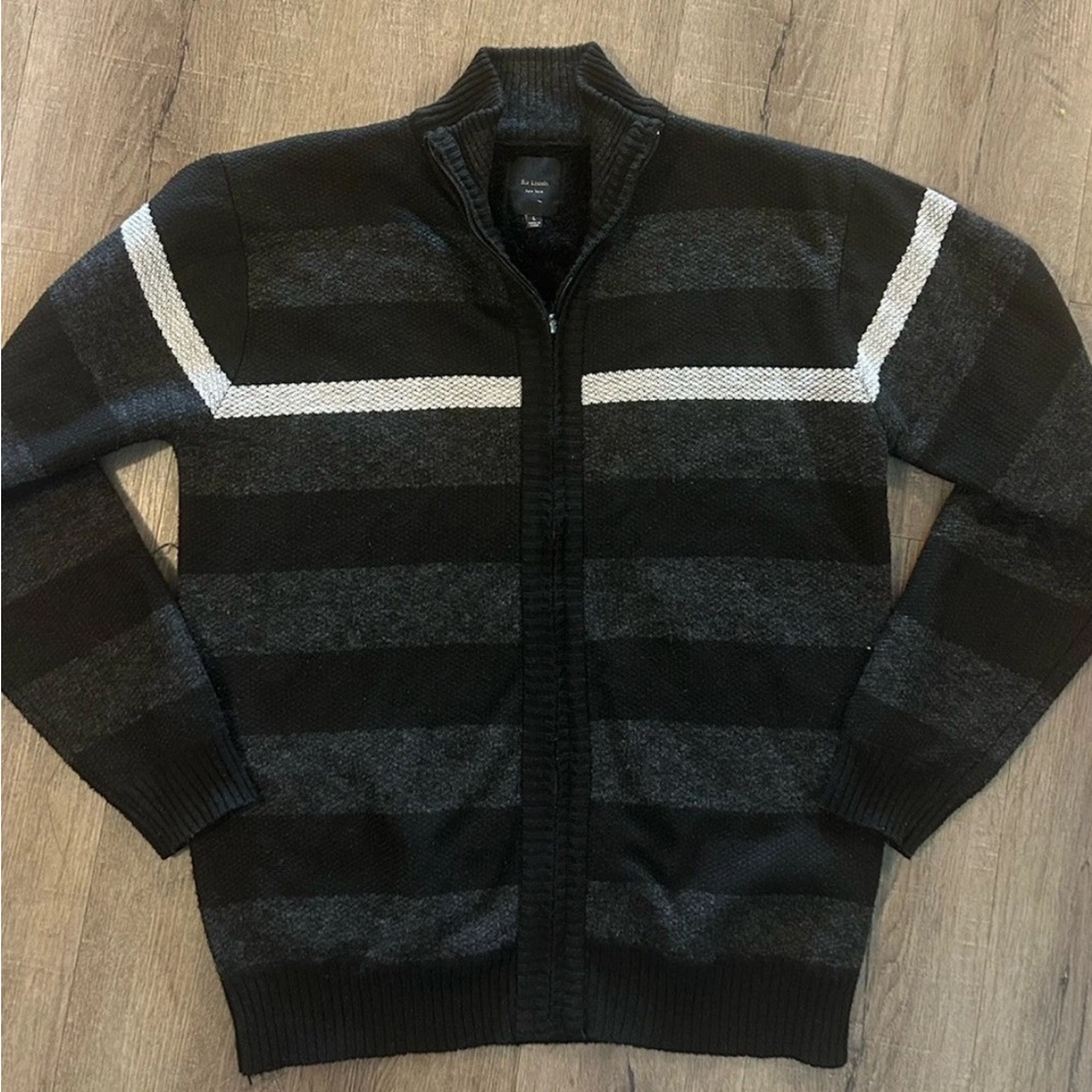 Six Lincoln Sweater Cardigan Men’s Large Gray Black White‎ Striped Fleece Lined